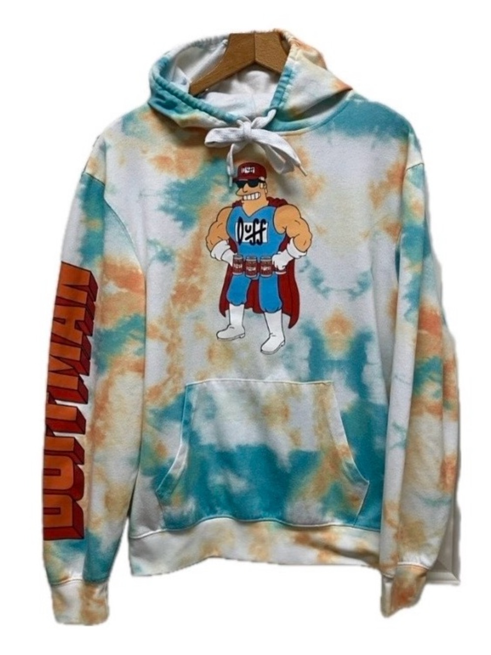 The Simpsons “Duffman” tie-dye pull over hoodie, teal blue, orange, licensed, S
